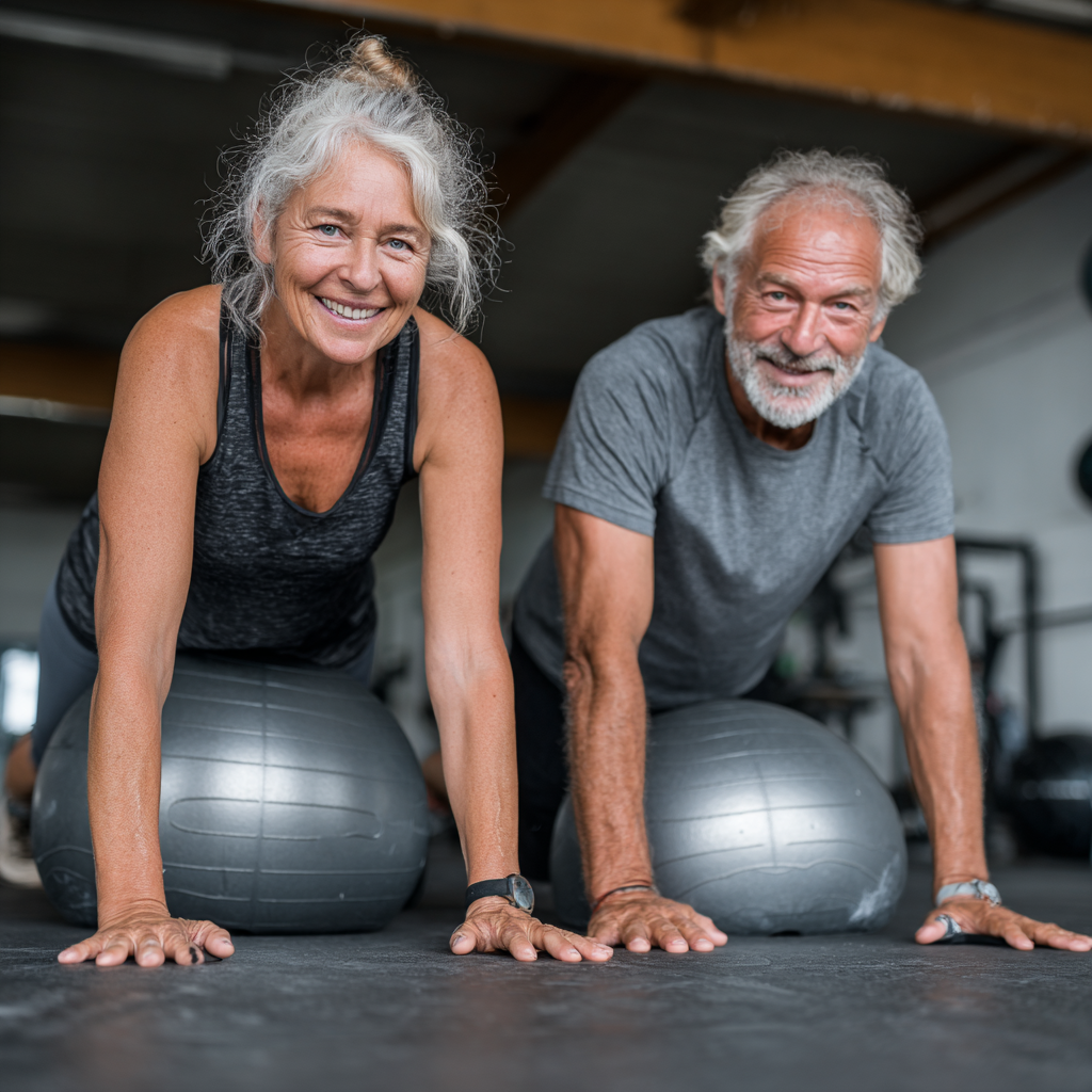 Активна жінка 52 років та чоловік 58 років разом виконують вправи з фітнесболом у просторому залі, демонструючи командний дух та взаємну підтримку