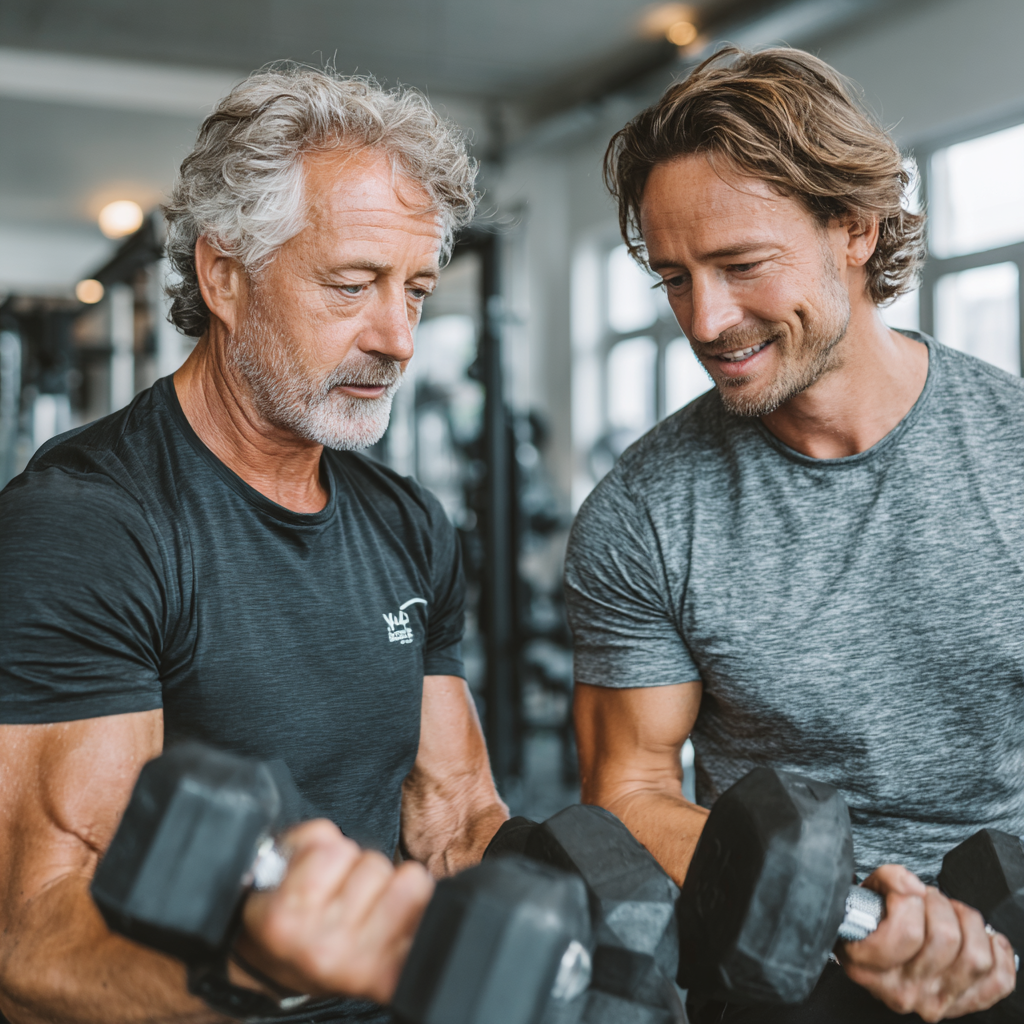 Досвідчений тренер 58 років працює з клієнтом того ж віку, демонструючи правильну техніку виконання вправ з гантелями