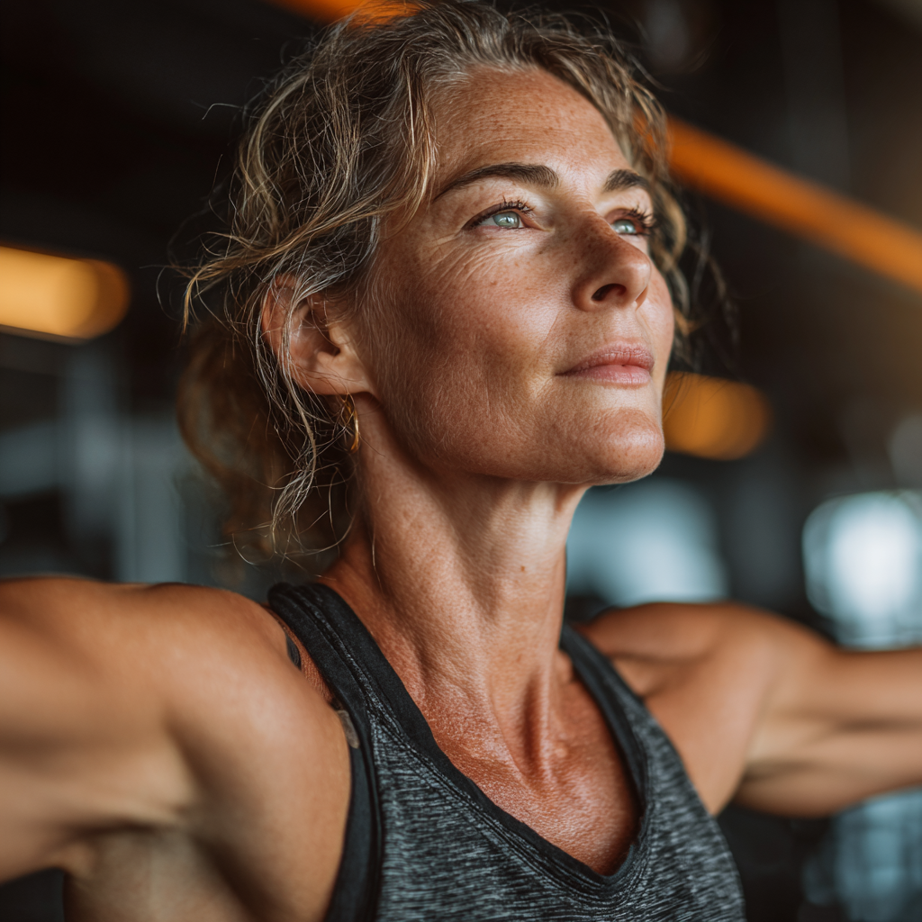 Енергійна жінка 55 років виконує функціональні вправи в сучасному фітнес-залі, демонструючи силу та витривалість
